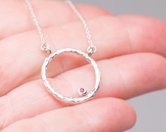 Sterling silver infinity necklace for women, Circle necklace with ruby,  ruby anniversary necklace for wife