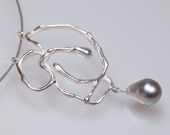 Cook island pearl necklace, sterling silver chocker with grey pearl, genuine black pearl chocker,