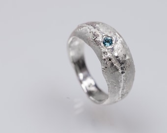 Green blue tourmaline ring cast in beach sand, silver chevalier indicolite tourmaline