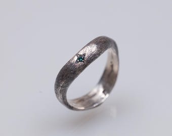 Blue diamond ring, oxidized sterling silver sand cast ring bands with blue diamond