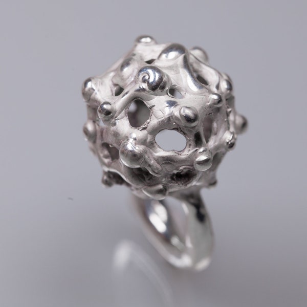 Big ball ring for the small finger,  ball ring with holes, big chevalier ring, silver ring dome for women, organic form ring