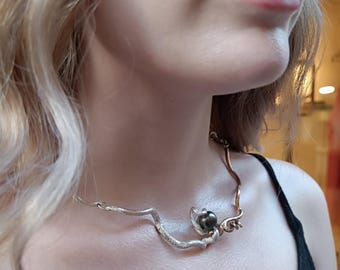 Cook island pearl necklace, sterling silver chocker with black pearl, genuine black pearl chocker