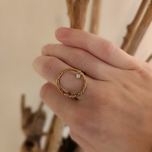 Bronze diamond ring for her, 8th anniversary gift for wife, dainty circle ring with diamond, round ring in bronze, ring size 7, women ring image 1