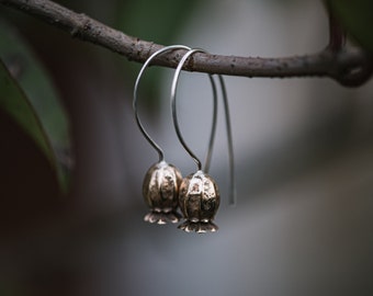 Poppy pod earrings in bronze and sterling,  botanical jewellery, bohemian earrings, boho hoop earrings silver, birth flower earrings august