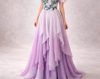 Purple Wedding Dress, Ombre Bridal Gown with Green Leaf Embroidery