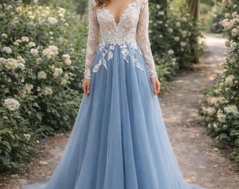Blue Tulle Wedding Dress Lace Bodice Long Sleeve Garden Bridal Gown