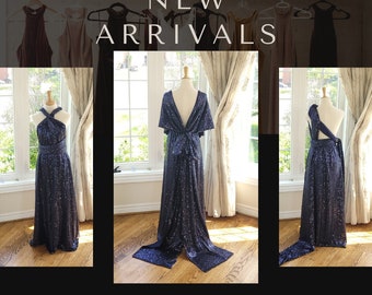 Navy Blue Sequin Convertible Dress, Handmade Bridesmaid Gown