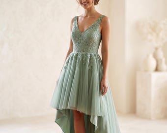 Wedding Dress Sample Sale Size 4 - Custom Elopement Dress - Sage Green High Low Gown - Evening Gown - Wedding Reception Dress
