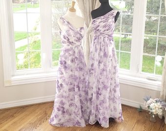 Handmade Purple Floral Maxi Dress, Boho Bridesmaid Gown