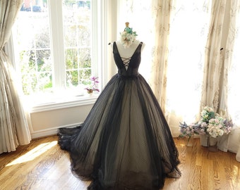 Black Lace Corset Prom Gown, Polka Dot Tulle, Plunge Dress