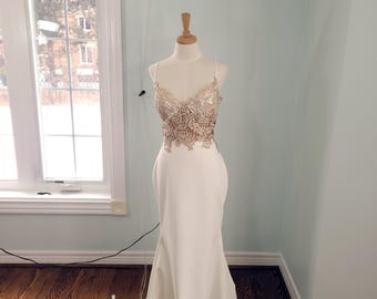 Champagne wedding dress with lace bodice, lace bridal gown