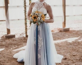 Blue wedding dress, unique wedding dress, blue lace wedding dress, color wedding dress, custom wedding dress