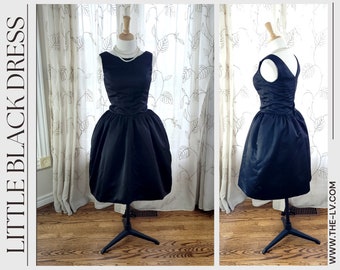 1950s Inspired Satin Little Black Dress with Bow