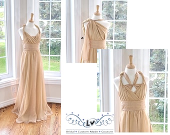 Boho Brautjungfernkleid, Champagner Brautjungfernkleid, Multiway Kleid, Chiffon Cabrio Kleid, Maxi Infinity Kleid