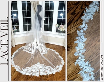 Ivory Cathedral Wedding Veil, Bridal Lace Appliqués, 3-Meter Wide
