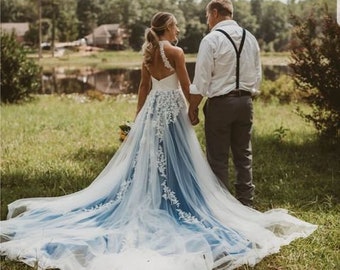 Blue wedding dress, blue lace wedding dress, unique wedding dress, color wedding dress, custom wedding dress