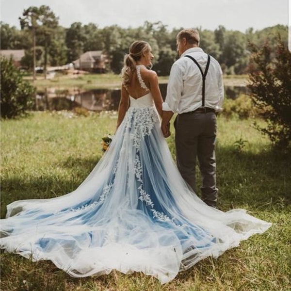Blauwe trouwjurk, blauwe kanten trouwjurk, unieke trouwjurk, kleur trouwjurk, aangepaste trouwjurk