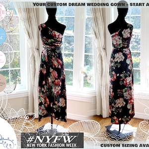 Op de afbeelding: Twee mannequins tonen een zwarte trouwjurk met bloemenprint en een ontwerp met één schouder. De jurk heeft rode en witte bloemen. De afbeelding bevat de tekst "Uw droom trouwjurk op maat - vanaf € 550" en "#NYFW New York Fashion Week."