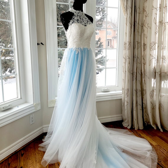 blue fade dress Wedding Dress, a Line Wedding Gown, Lace Bridal Dress, Lace Floral Sleeve Less Wedding Dress, Button Back Wedding Dress, Blue Gown formal teal dress