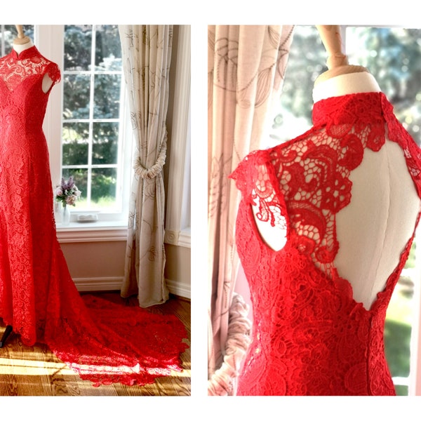 Chinese wedding dress / Red lace wedding dress / wedding cheongsam / modest wedding dress