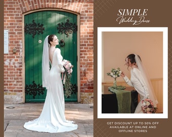 Long Sleeve Low-Back Wedding Gown, Simple Elopement Dress