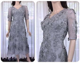 Silver Wedding Dress, Grey Lace appliques Dress, Mother of bride