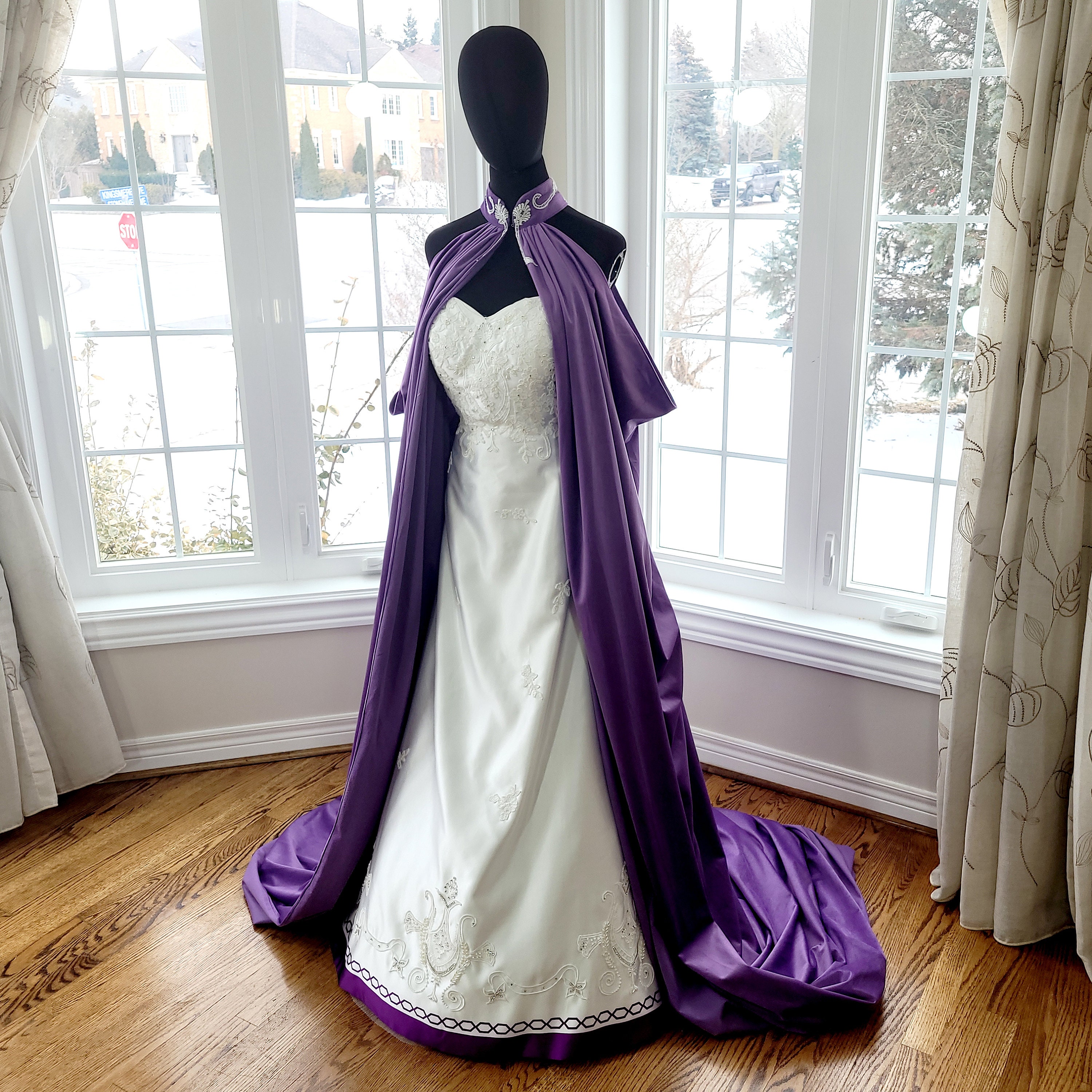 Fantasy Purple Satin Wedding Gown with Velvet Cape, Medieval Bridal Dress