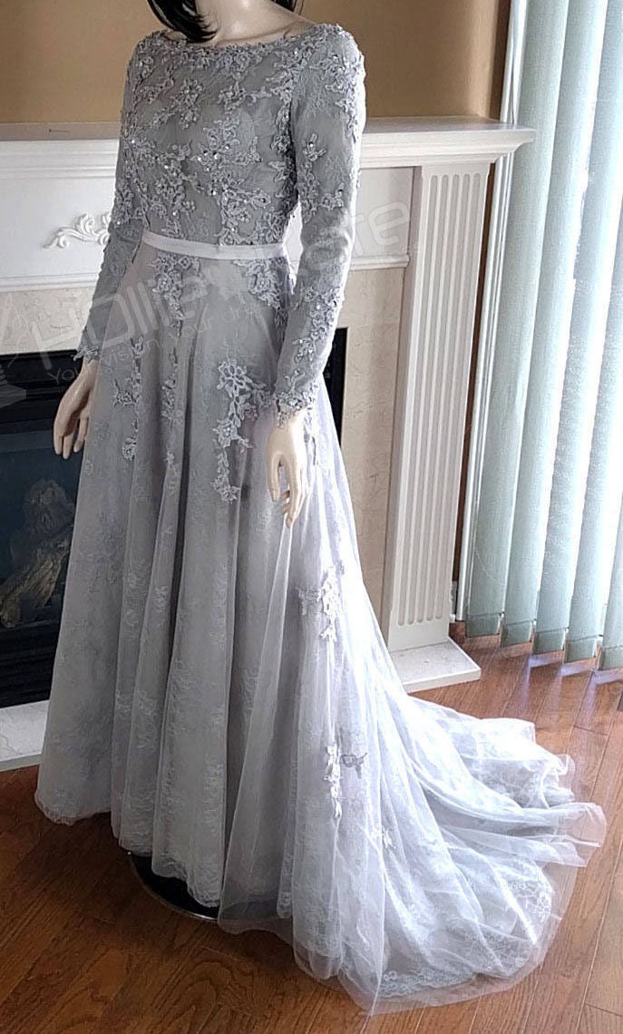 Grey Lace Embroidered Wedding Dress, Long Sleeves, Winter Bridal Gown