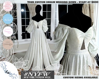 Off Shoulder Glitter Wedding Dress with Sleeves, Custom Made in Canada