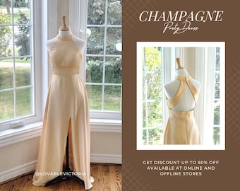Halter Champagne Satin Dress, Bridesmaid Dress with Slit, Custom Size
