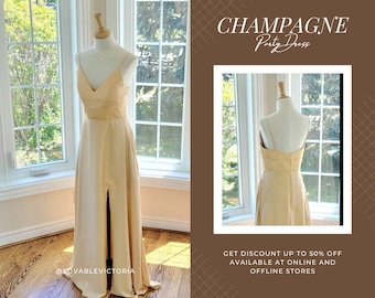 Champagne bridesmaid dress with slit, champagne party dress, champagne satin dress, champagne cocktail dress, formal dress, champagne dress