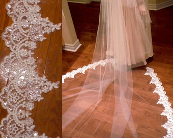 2 niveles de encaje velo de la catedral, con cuentas, velo de catedral con rubor