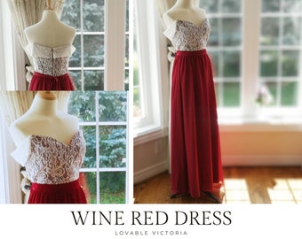 Burgundy Lace Bridesmaid Dress, Chiffon Maxi, Boho Off-Shoulder