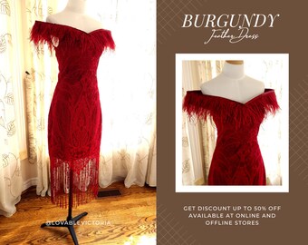 Burgundy Flapper Dress, Ostrich Feather Fringe, 1920s Lace