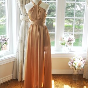 Champagne bridesmaid dress with Slit, multiway bridesmaid dress, champagne infinity dress, champagne convertible dress, champagne maxi dress image 2
