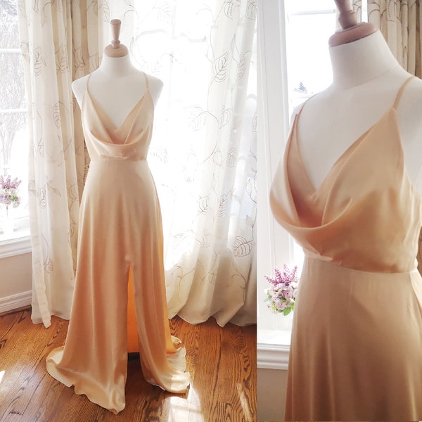 Champagne bridesmaid dress, champagne satin dress, wedding cocktail dress, champagne wedding dress, bridal shower dress, reception dress