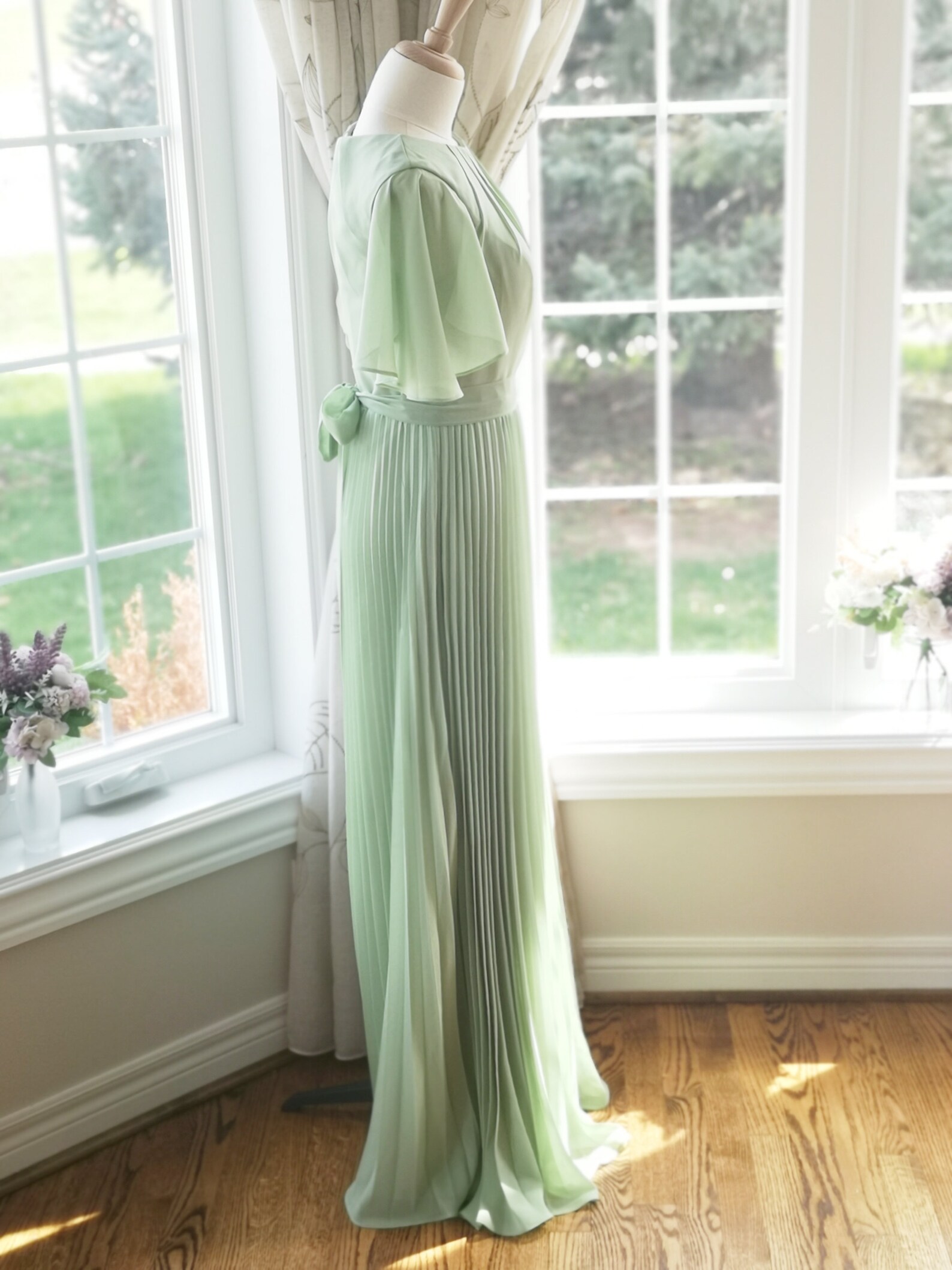 Cap Sleeve Pleated A-Line Chiffon Long Dress Sage main image 1