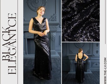 Stunning Black Sequin V-Neck Gown | black sequin bridesmaid dress | black sequin prom dress | plus size sequin dress | sparkly formal dress