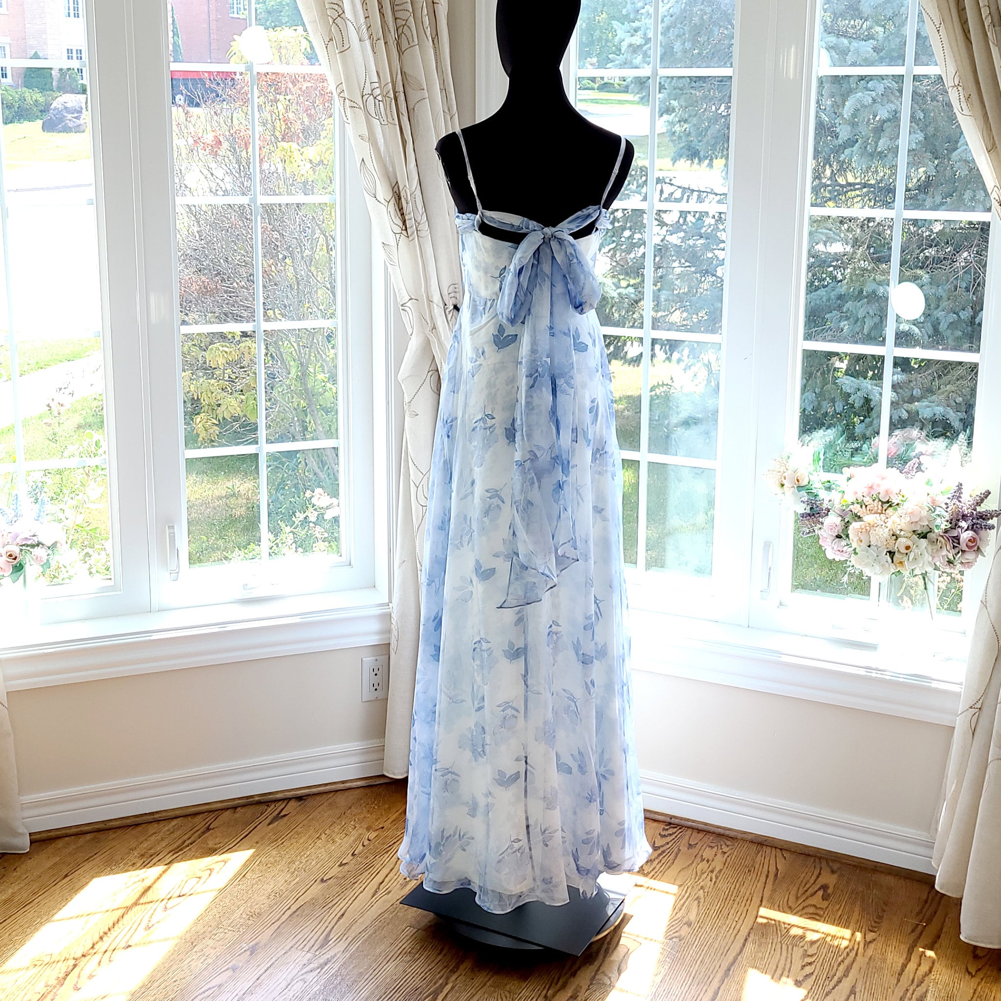 Handmade Floral Maxi Dress, Dusty Blue Boho Bridesmaid Gown Handmade Floral Maxi Dress, Dusty Blue Boho Bridesmaid Gown