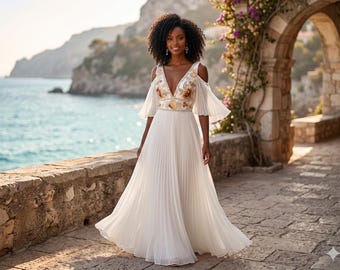 Plunging V Neck Pleated Wedding Dress - Grecian Basque Waist Bridal Gown - Gold Embroidered Destination Maxi