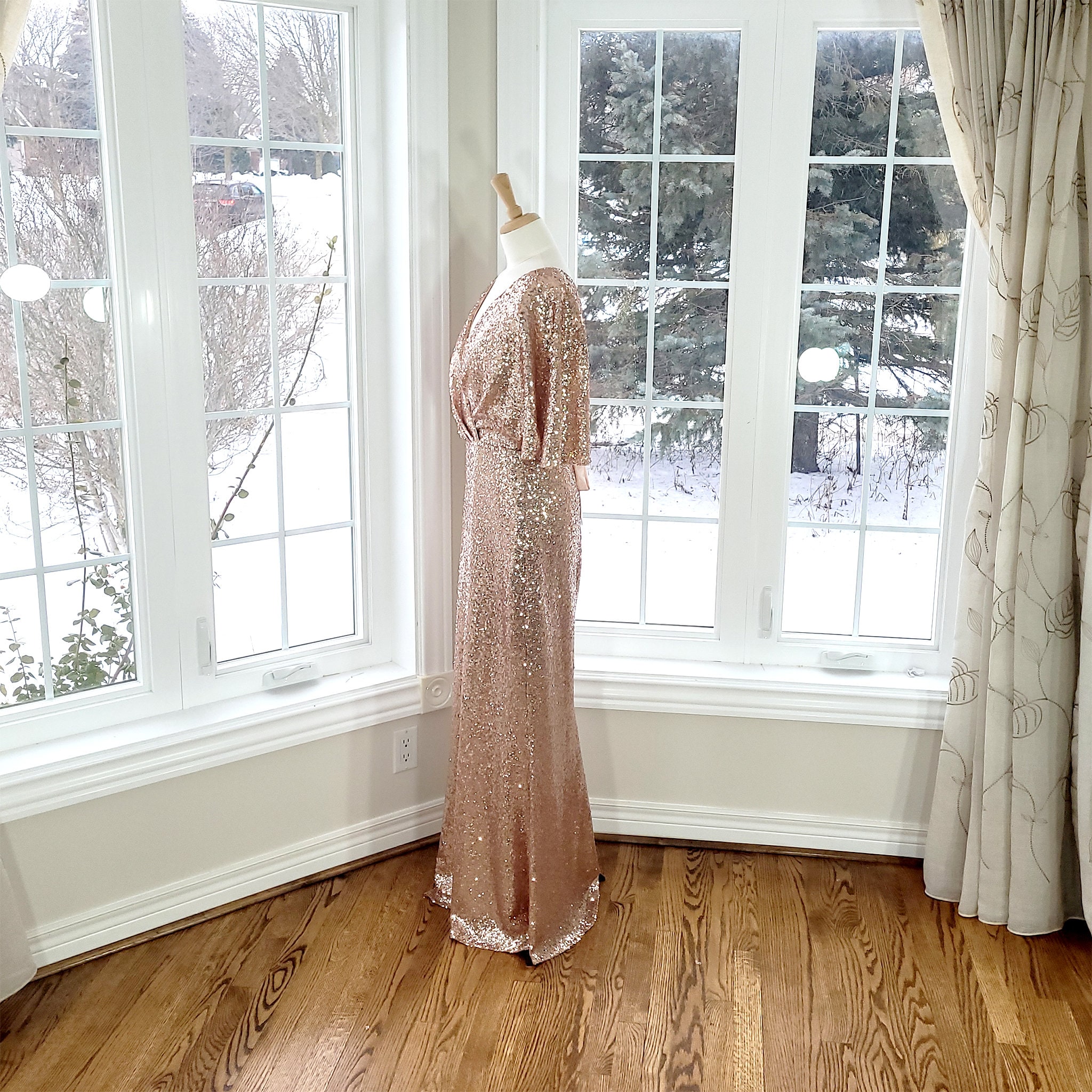 rose gold glitter dress long Sparkling Gold Sequin evening dress with High Side Split and Detachable Train