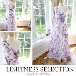 Floral bridesmaid dress, one shoulder dress, purple floral dress for wedding, White dress with purple flowers, purple prom dresses