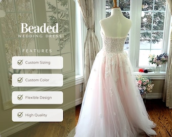 Vestido de novia con cuentas color rubor, vestido de baile romántico de tul