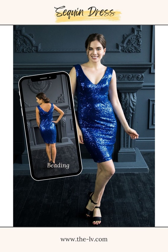Sequin Cocktail Dresses Royal Blue Bridesmaid Dress Blue Party Dress Sequin Bridesmaid Dress Shimmering V neck Party Dress Etsy