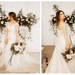 Art Deco Wedding Dress, Long Sleeve Embroidered Lace Gown