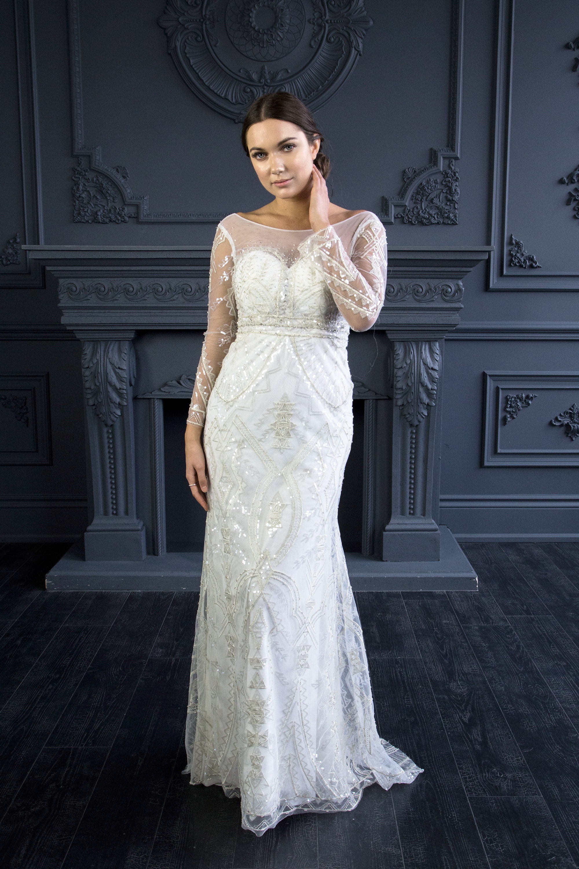 Long Sleeve Wedding Dress, Rose Gold Beaded Gown, Chapel Train