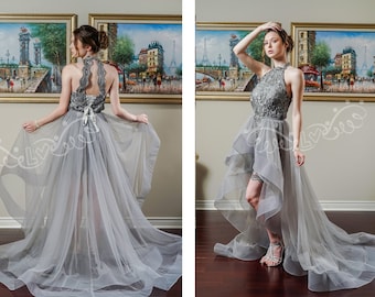 Grey wedding jumpsuit, bridal jumpsuit, bridal romper, grey wedding dress, detachable wedding skirt