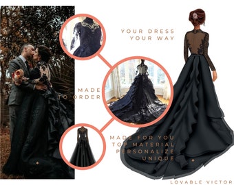 Black wedding dress plus size, gothic wedding dress, steampunk wedding dress, Victorian wedding dress, black lace wedding dress