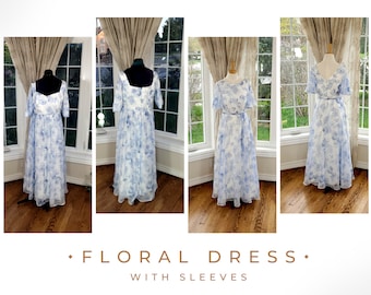 Handgemaakte blauwe maxi-jurk met bloemenchiffon, outfit bruiloftsgast