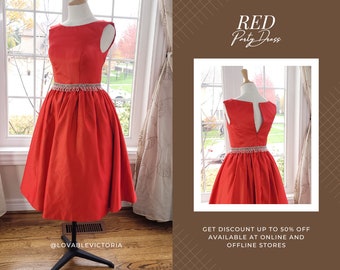 Red 1950s dress, Red swing dress, vintage-inspired red dress, red party dress, Valentine Day dress, red bridesmaid dresses, red retro dress